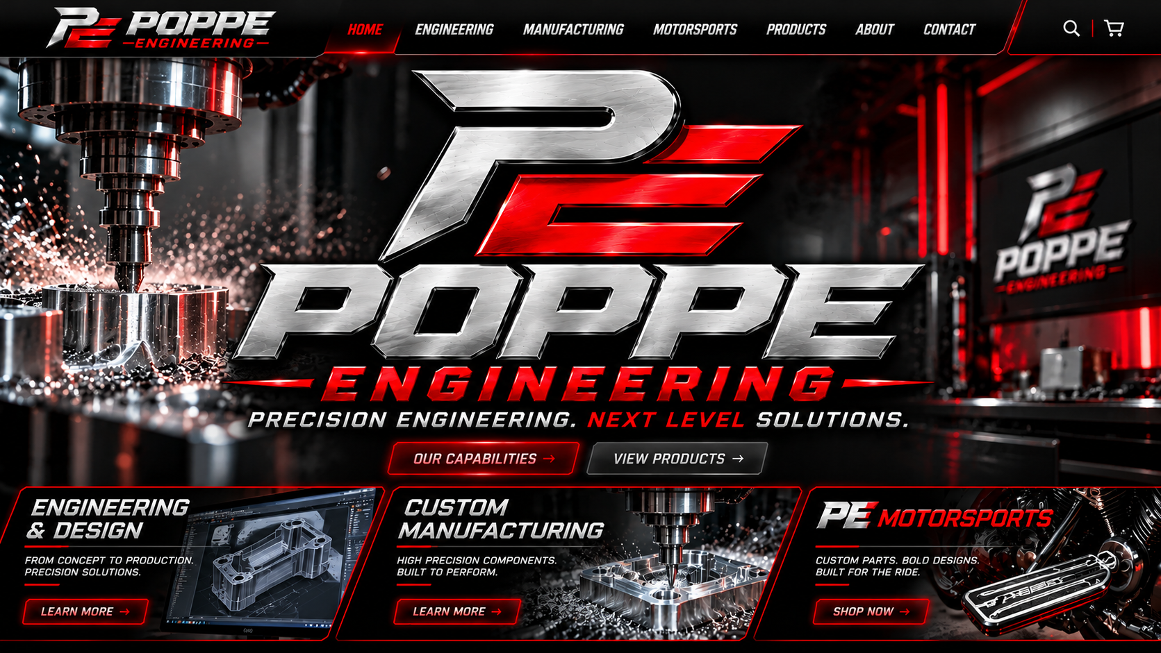 Poppe Engineering premium homepage with chrome PE logo, manufacturing photography and three business divisions